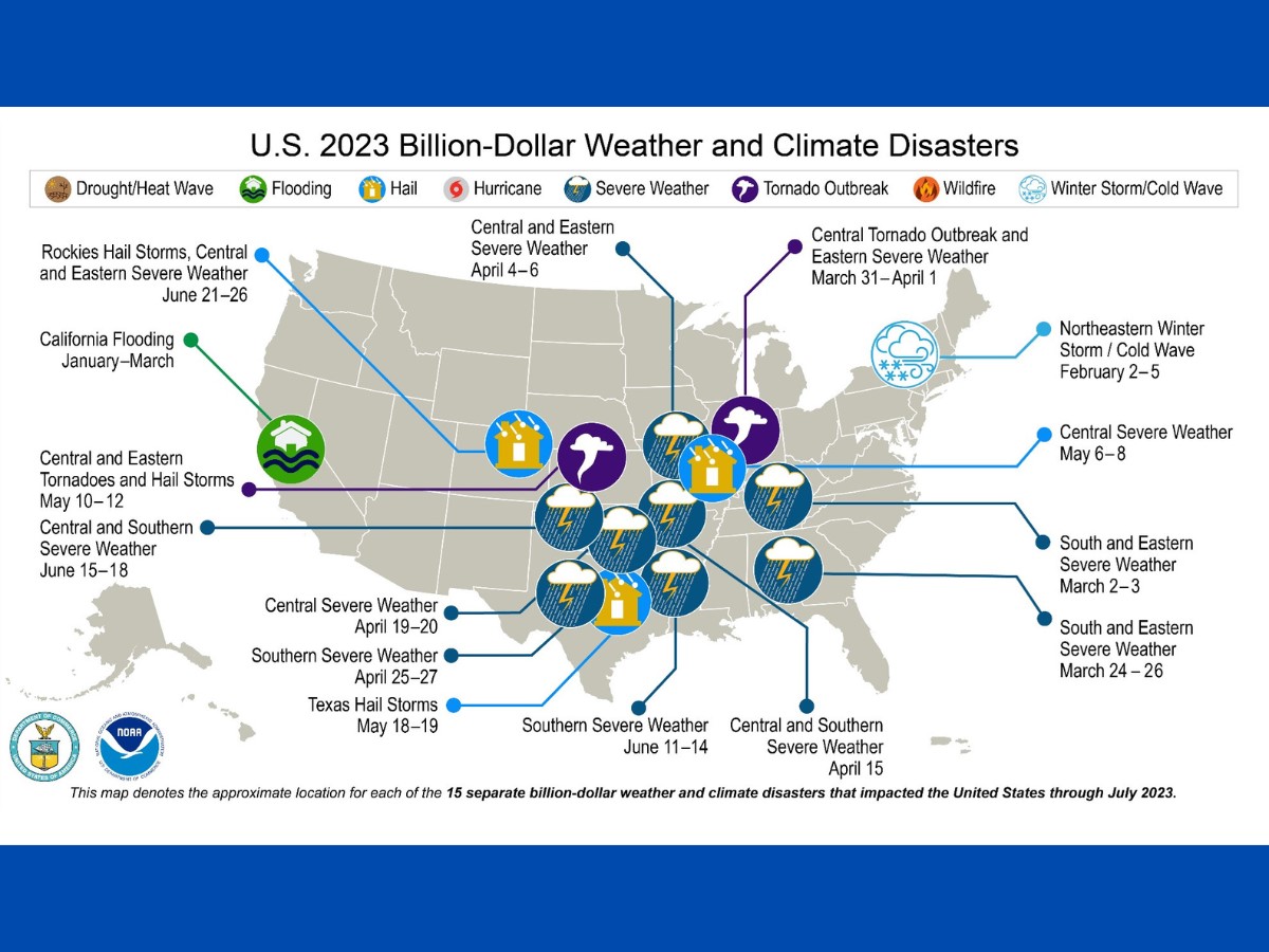 Listing of 15 Billion-Dollar weather disasters in 2023 i nthe Unitied States which impacted rising insurance premiums and cost.